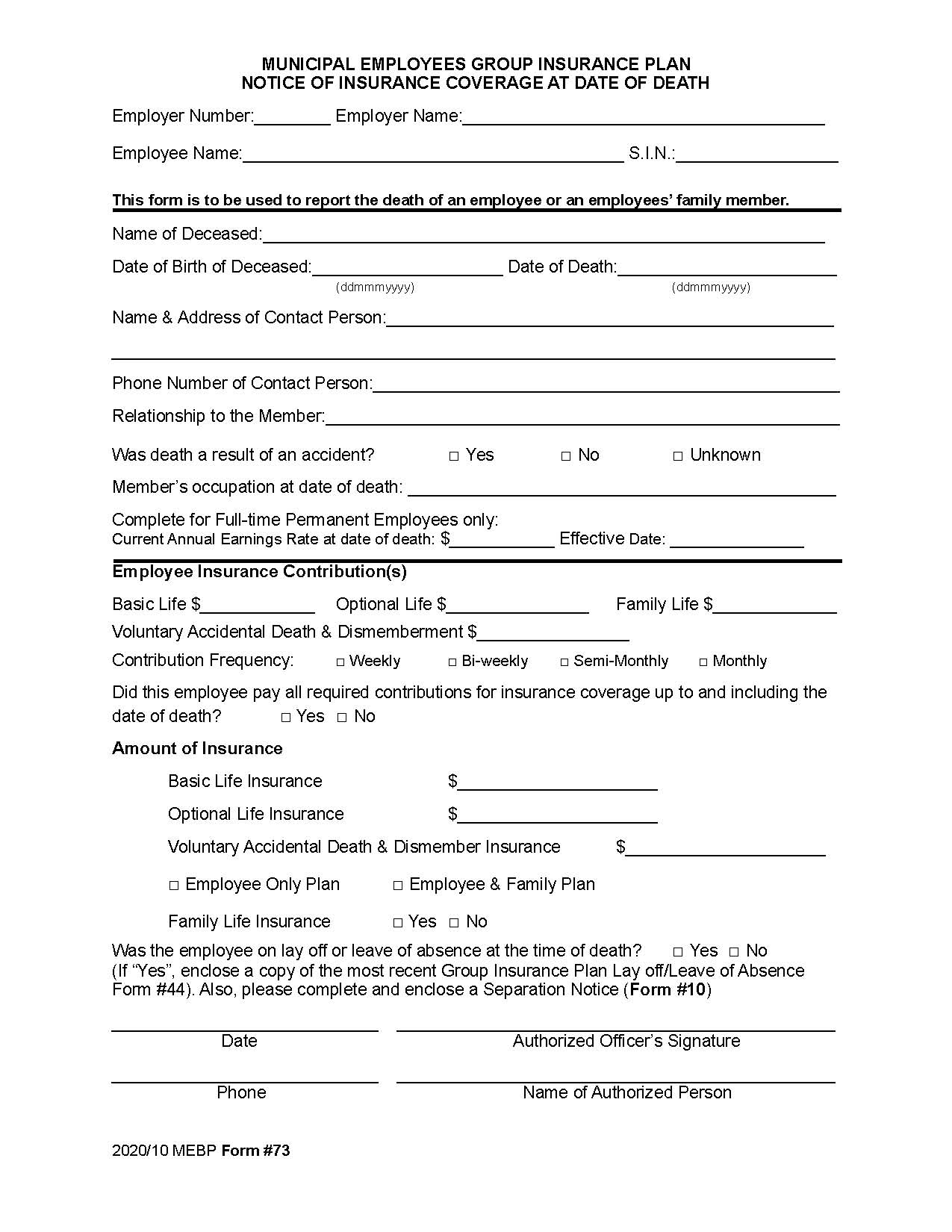 FORM73 - Notice of Insurance Coverage at Date of Death (2020)
